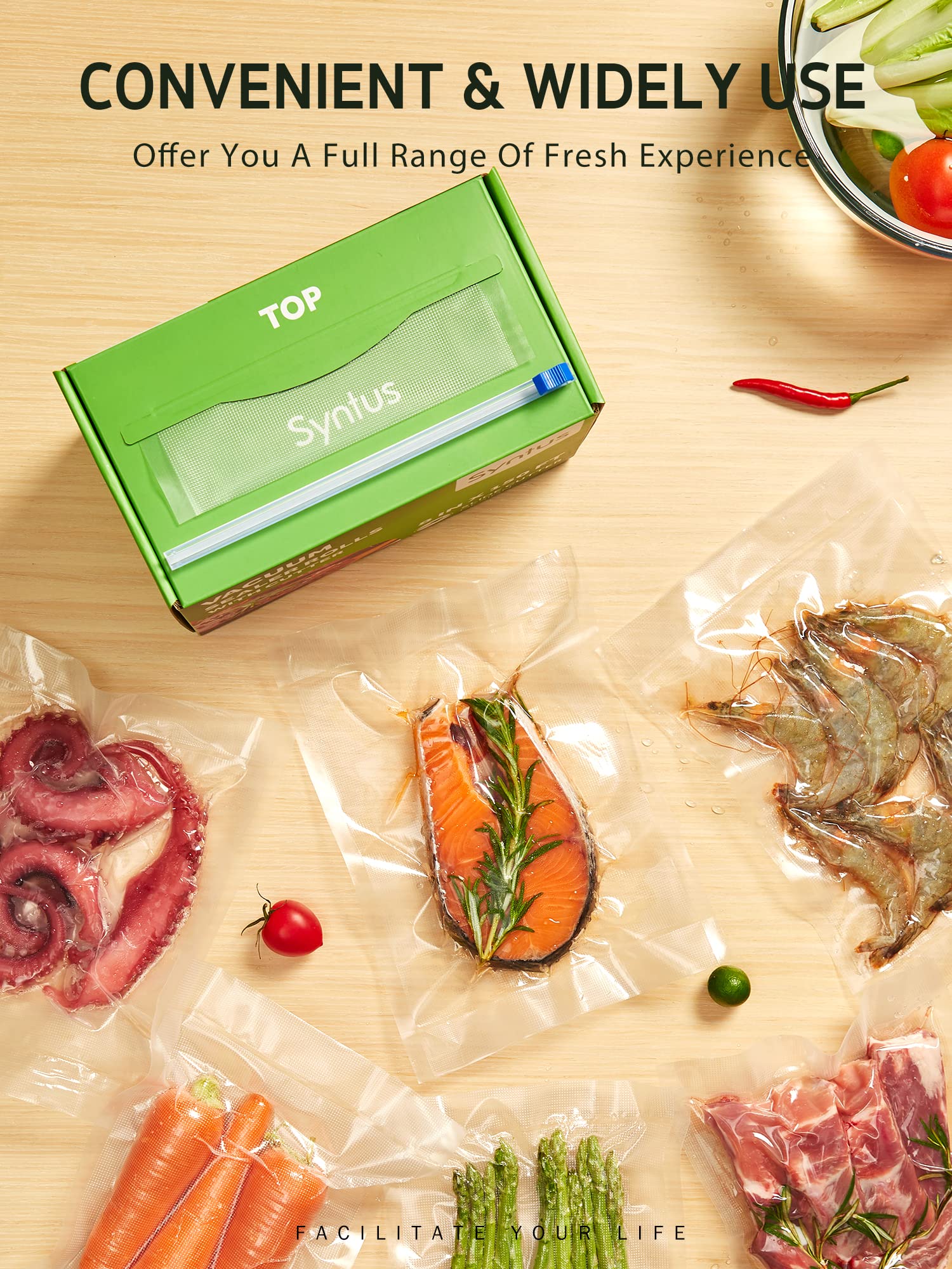 Syntus roll in kitchen with meal prep showing convenient custom-length bag creation