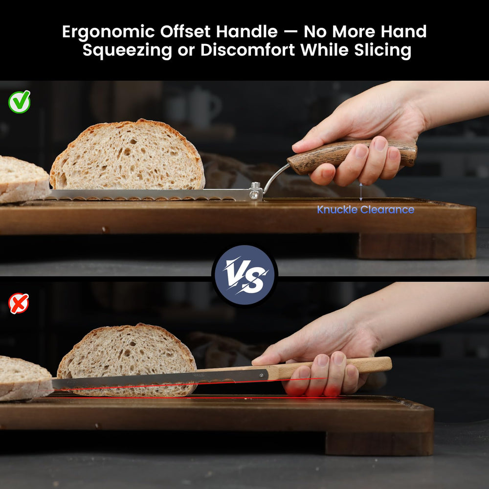 SYOKAMI knife slicing crusty baguette in use to deliver clean, uniform slices