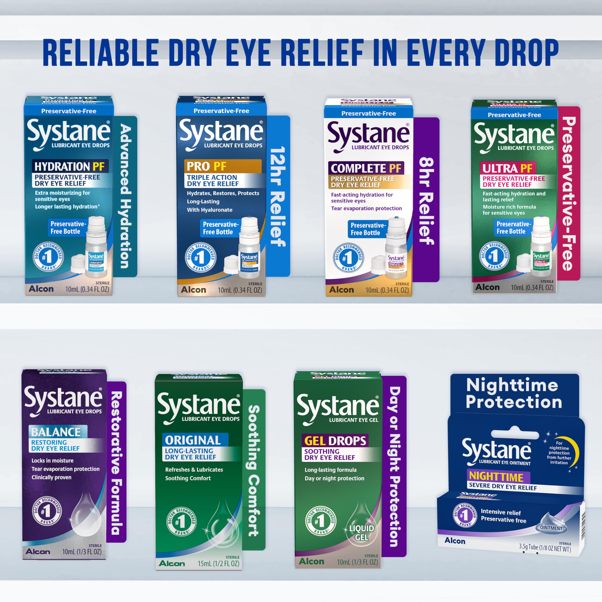 Thirty Systane unit-dose vials lined up highlighting travel-friendly supply