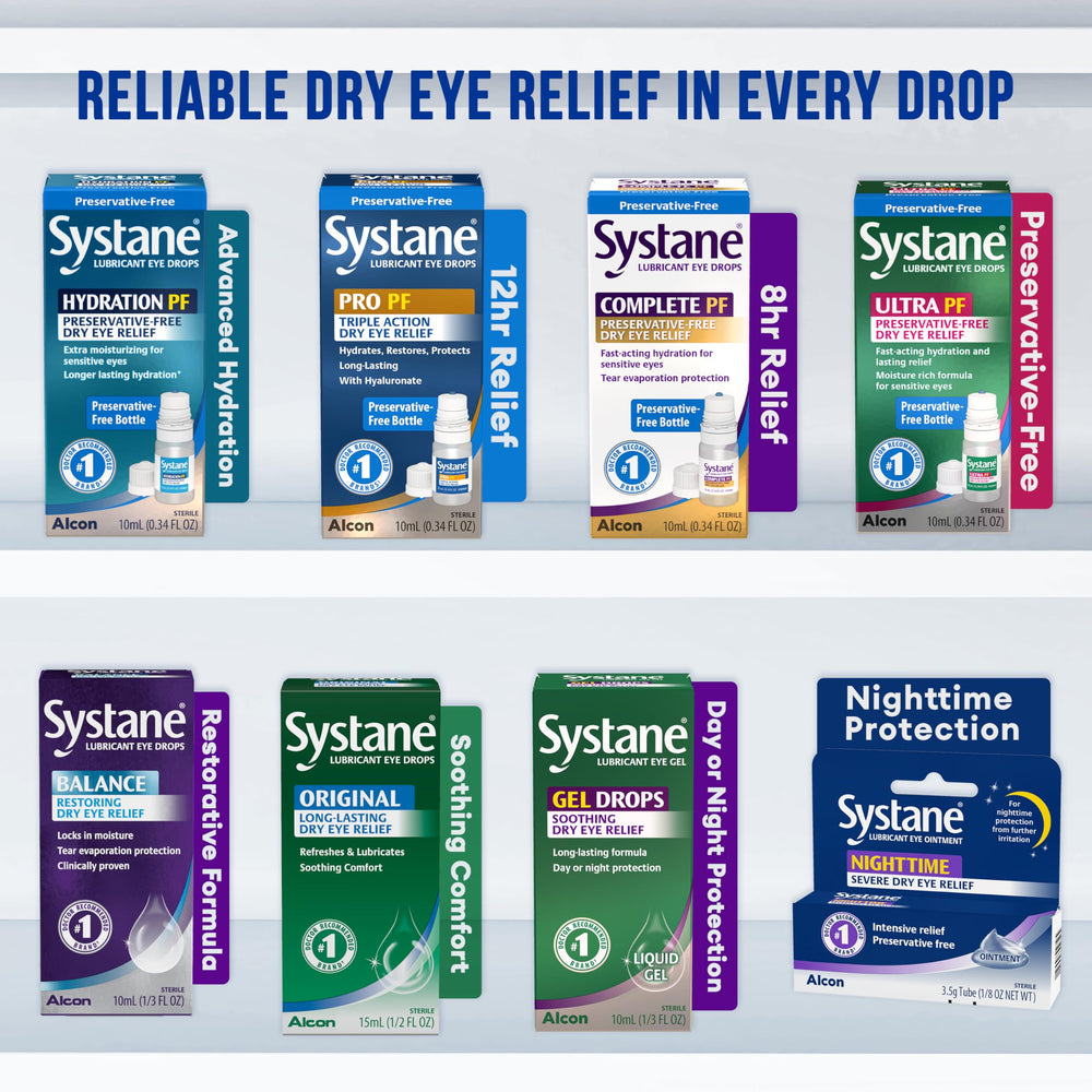 Thirty Systane unit-dose vials lined up highlighting travel-friendly supply