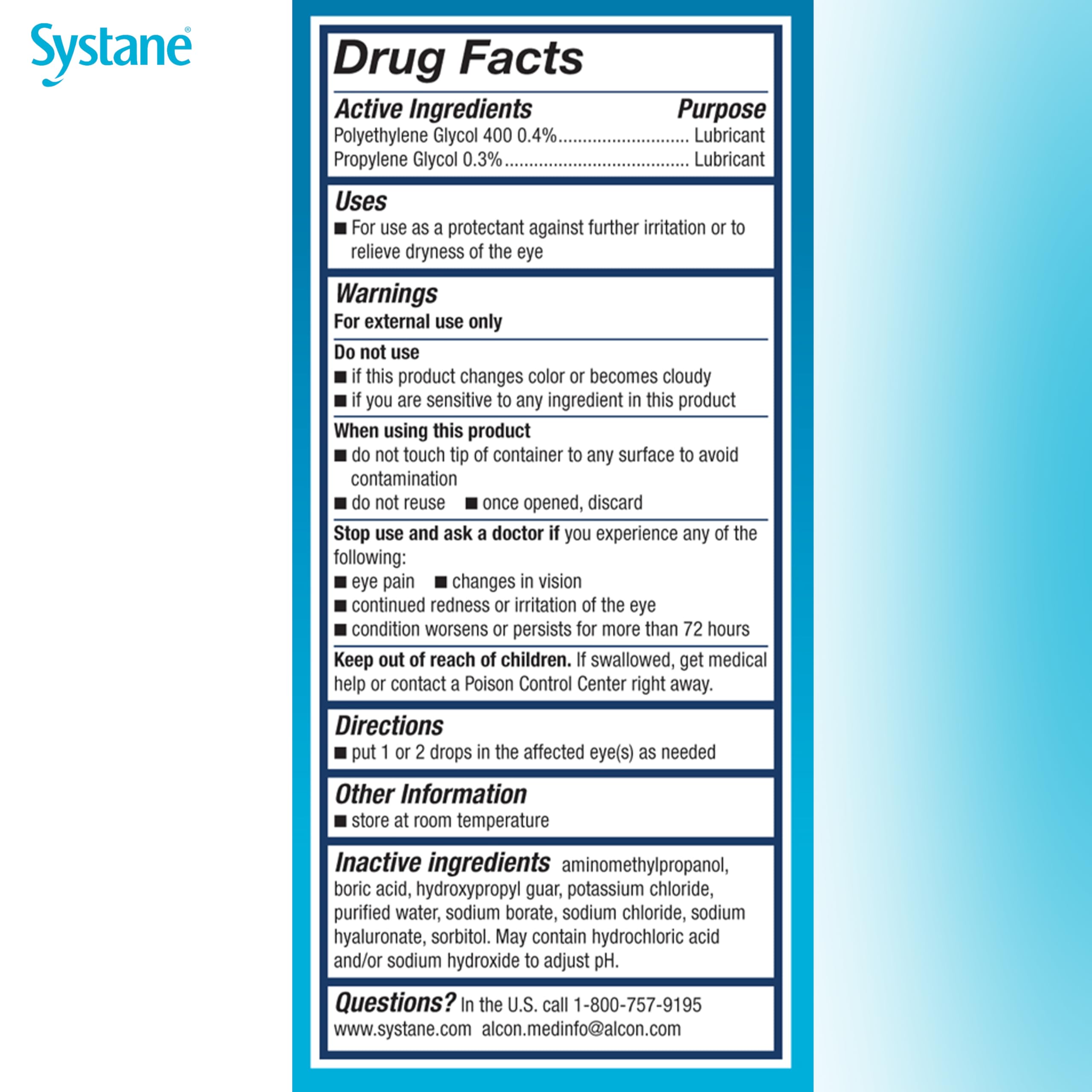 Systane product label and ingredient panel showing hyaluronic acid benefit