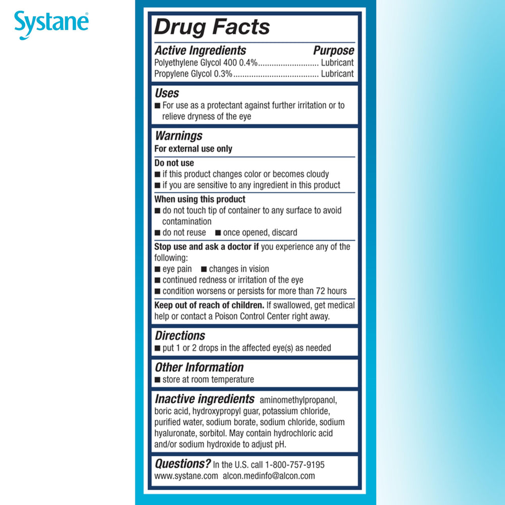Systane product label and ingredient panel showing hyaluronic acid benefit