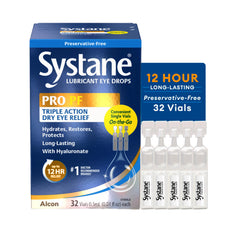 Systane PRO front packaging showing 32 vials and product name with clear benefit