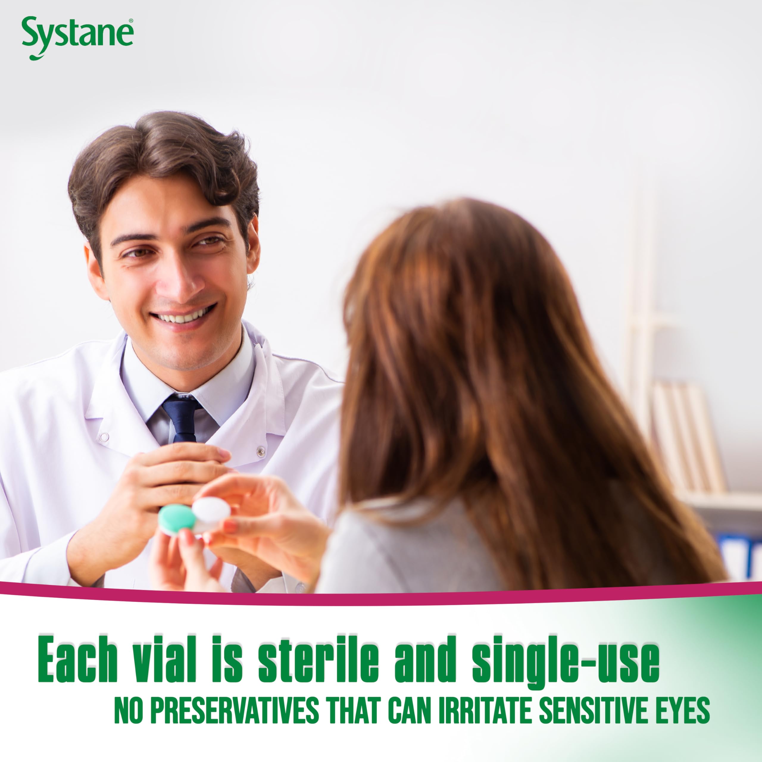 Systane drop instilled from vial into eye demonstrating quick hydration