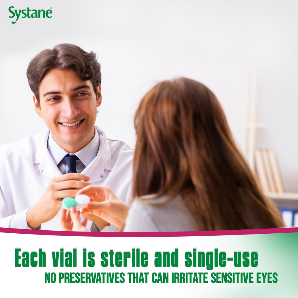 Systane drop instilled from vial into eye demonstrating quick hydration