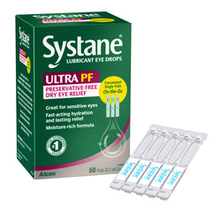 Systane front packaging showing 60 vials and brand for reliable relief