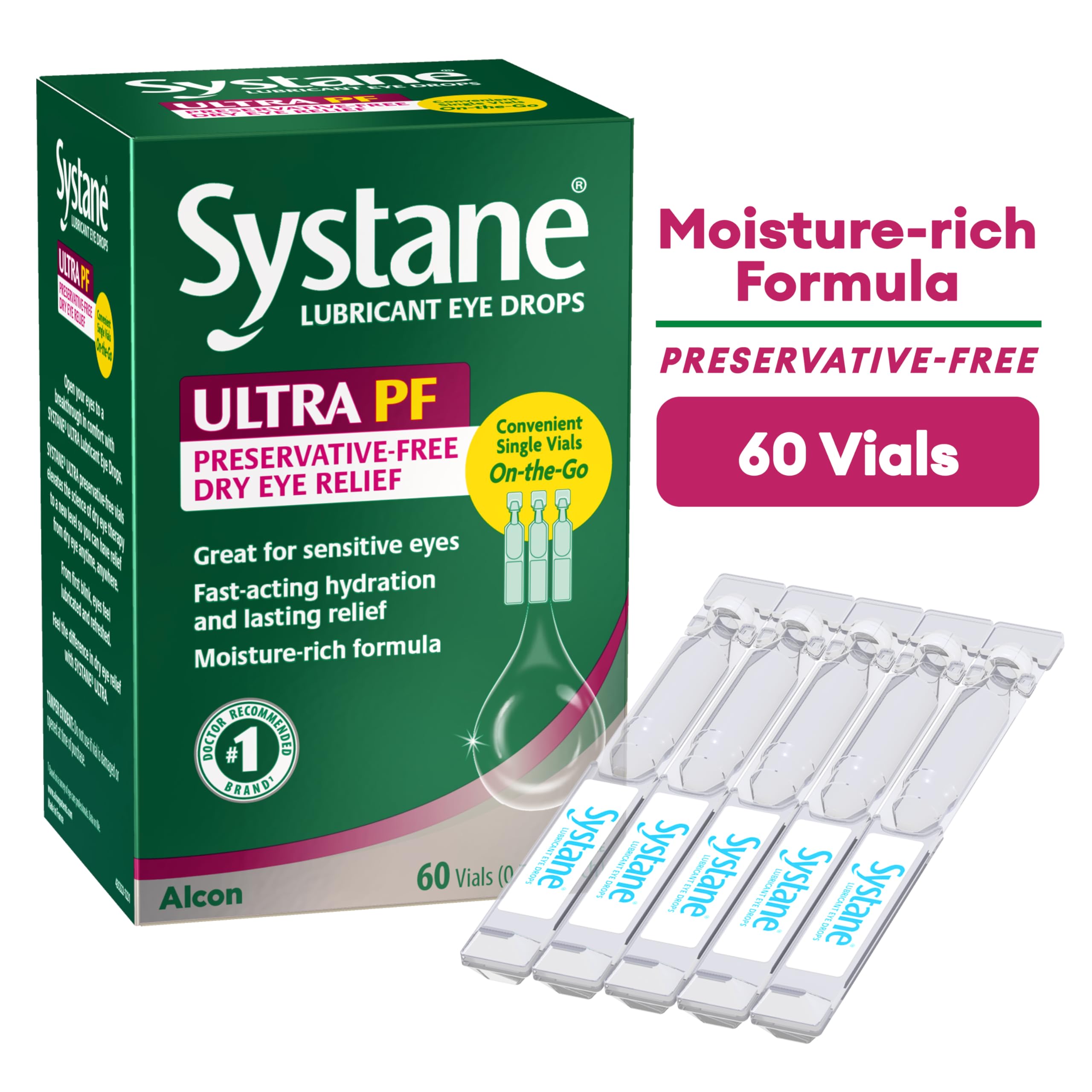 Systane single-use vial close-up highlighting sterile preservative-free formula