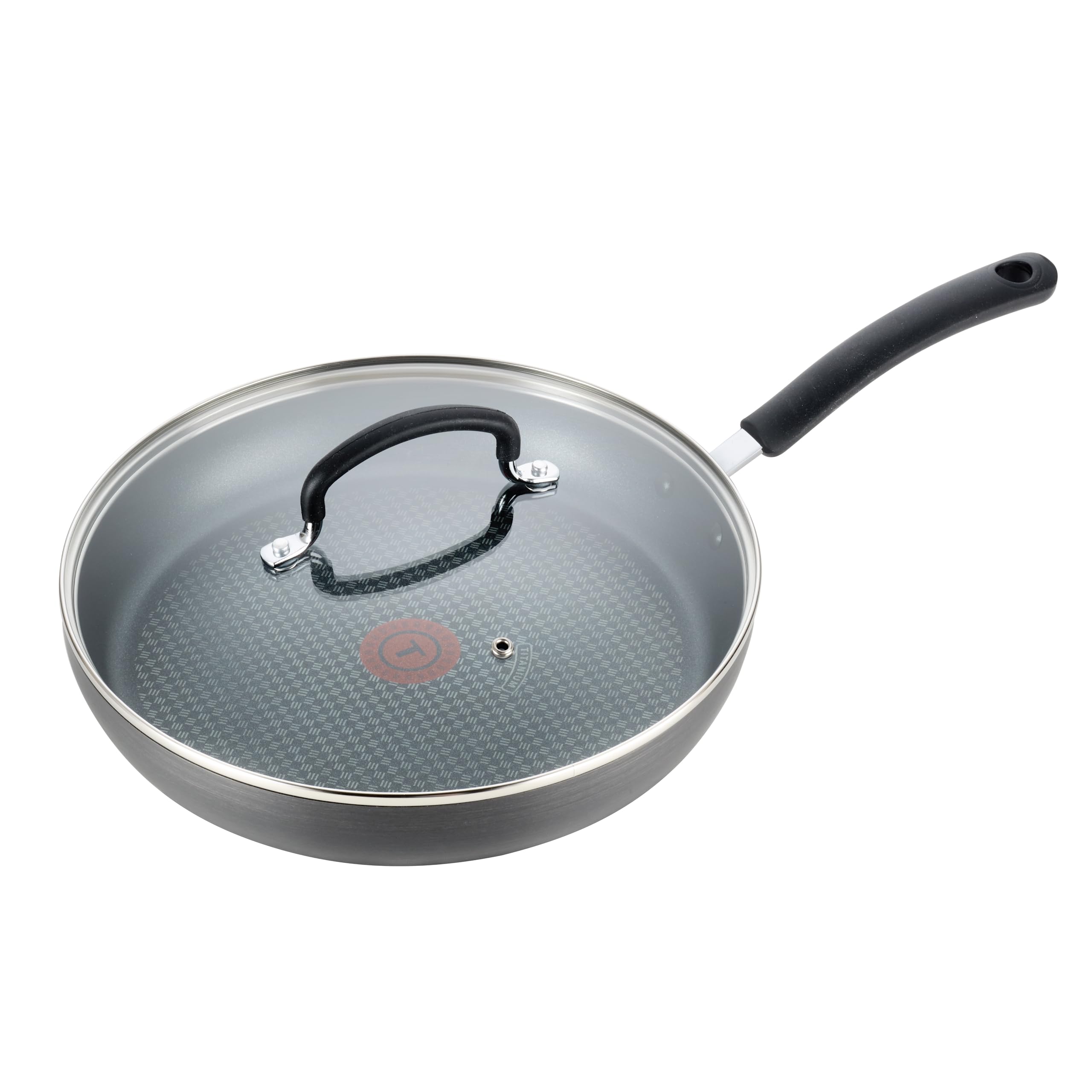T-Fal 12-inch skillet front view showing sleek onyx finish and durable construction