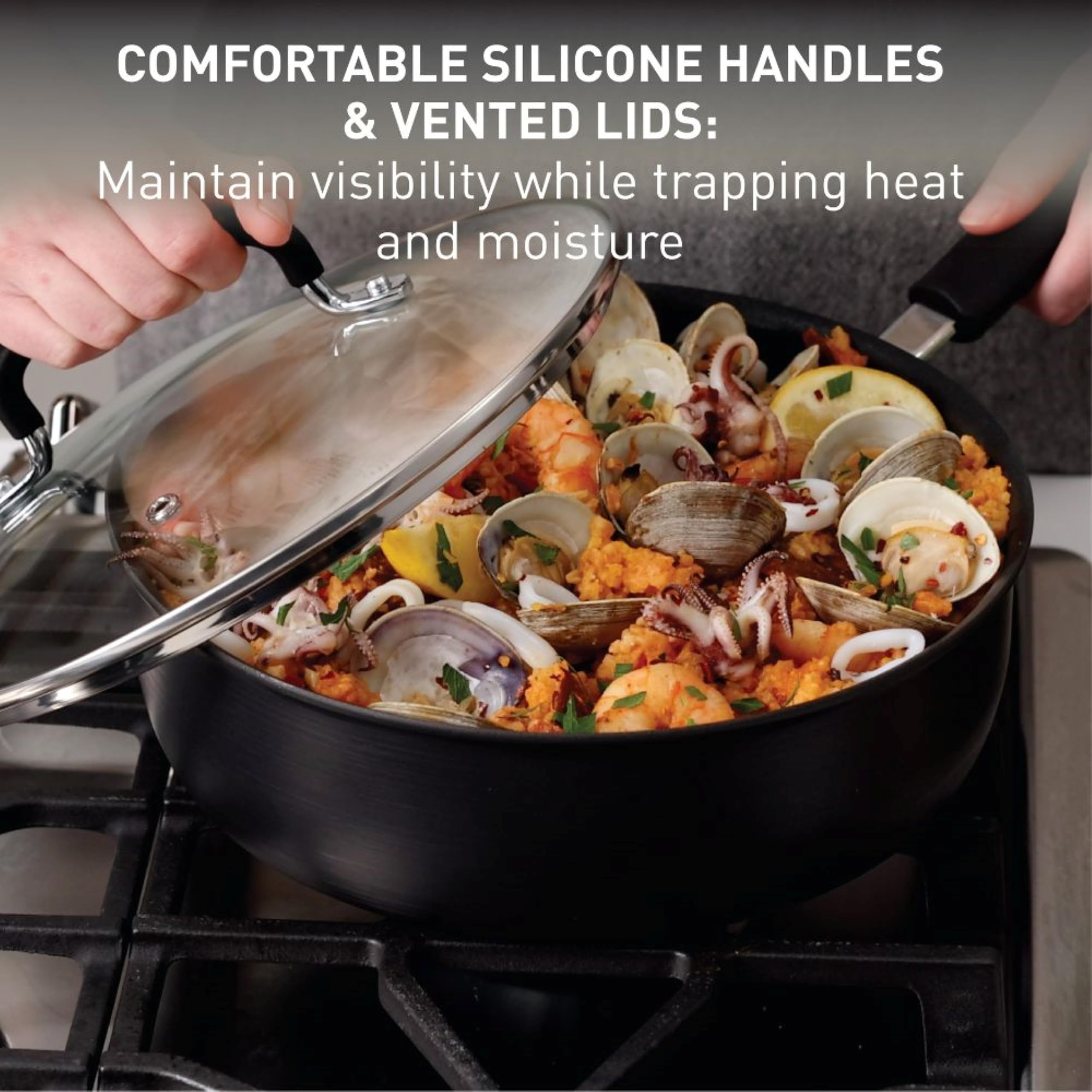 T-Fal glass lid on skillet demonstrating trapped steam and visual monitoring
