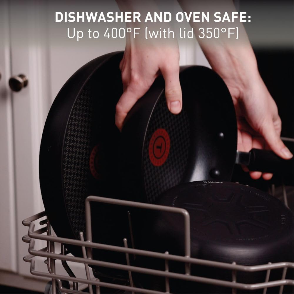 T-Fal pan being rinsed or placed in dishwasher showing easy cleanup convenience
