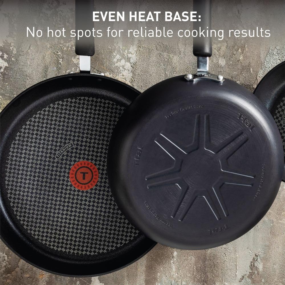 T-Fal fry pan in oven demonstrating oven-safe performance up to 400°F for finishing dishes