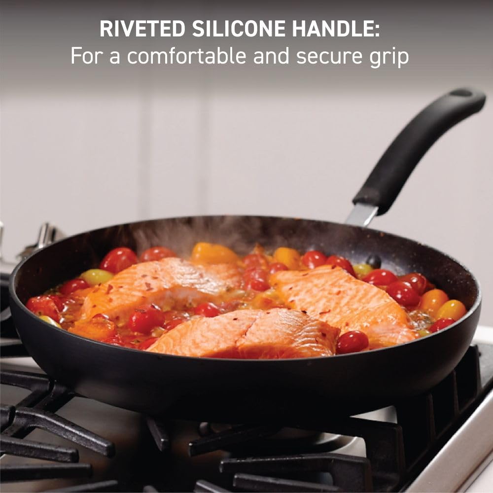 T-Fal set displayed in kitchen showing 8, 10.25, 12-inch pans for meal size scale