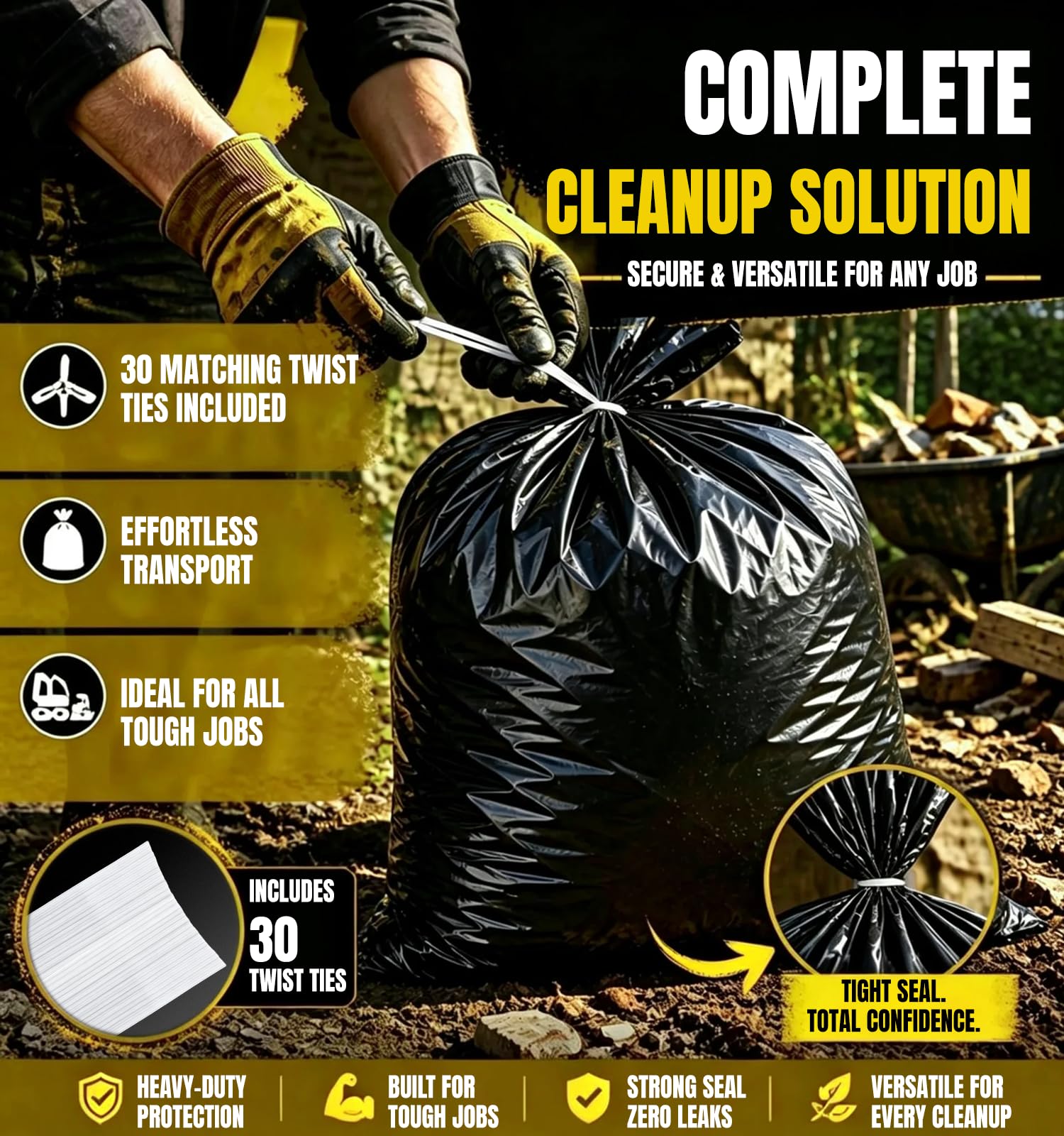 T.FORING filled bag on a construction site illustrating durability with heavy debris