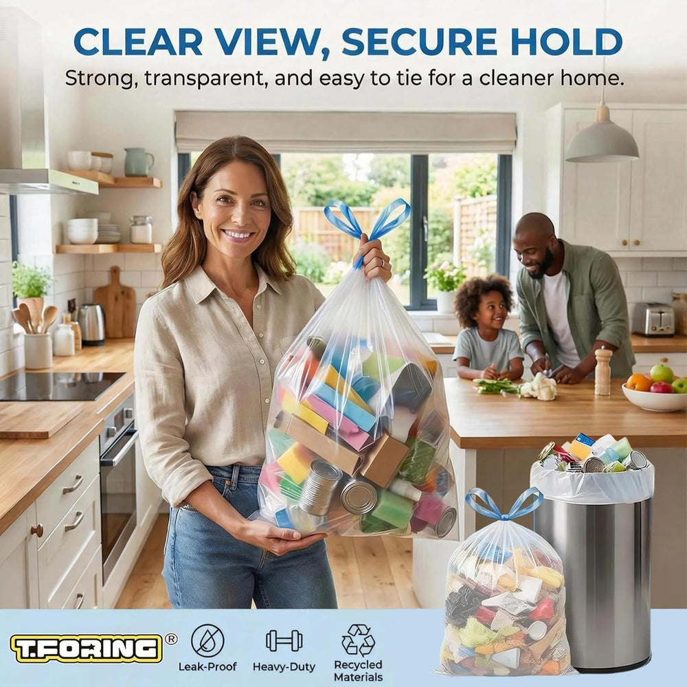T.FORING lifestyle kitchen scene showing bag use and odor control benefit