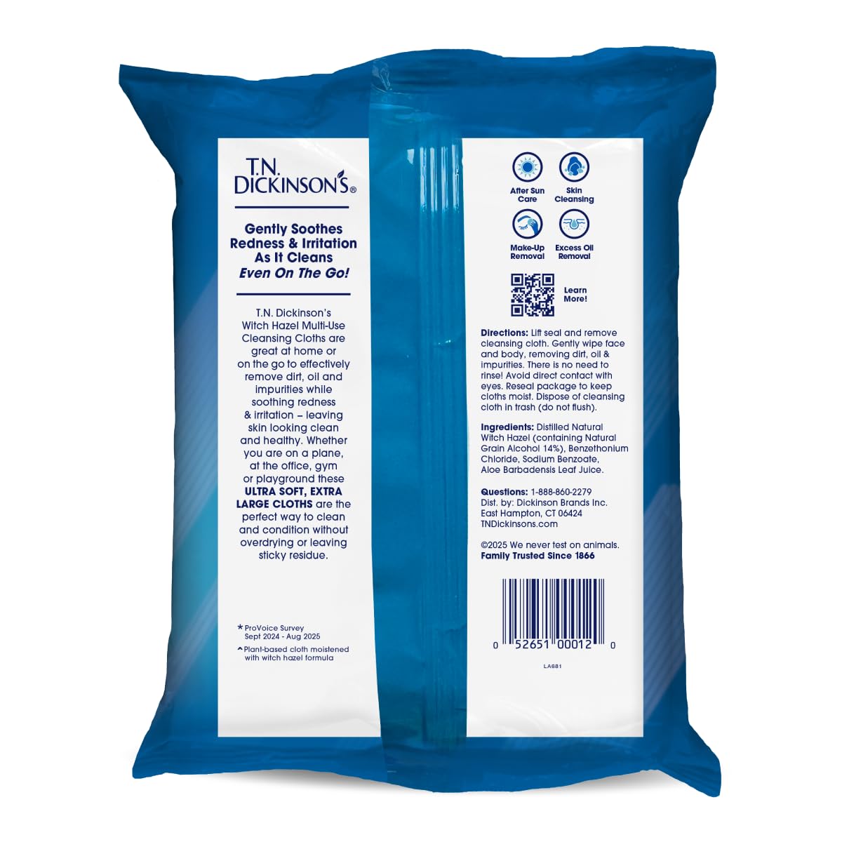 T.N. Dickinson's single wipe close-up displaying large, soft sheet for gentle cleansing