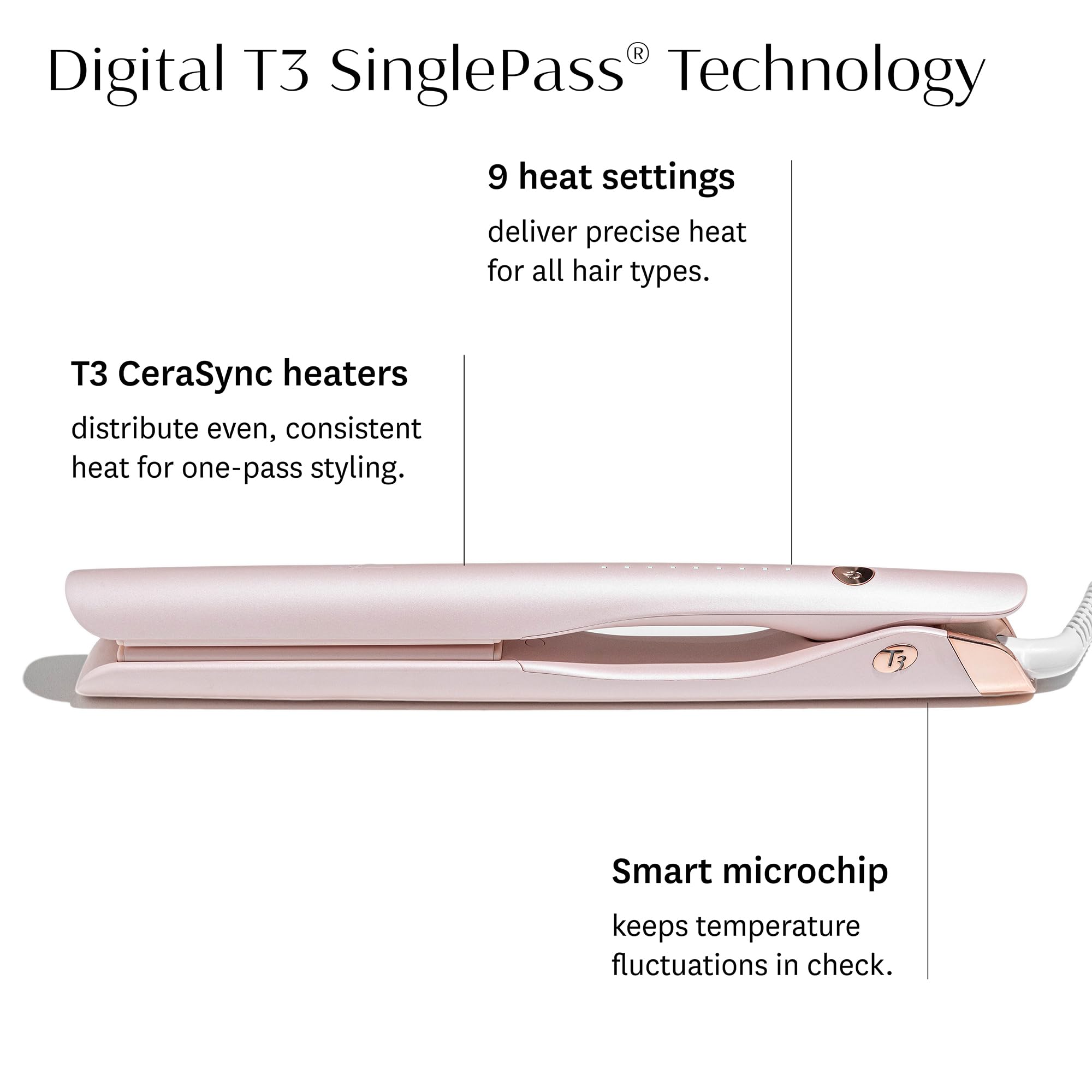 T3 flat iron digital control display showing nine heat settings for precise temperature