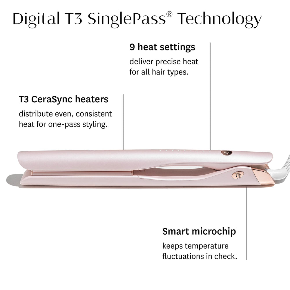 T3 flat iron digital control display showing nine heat settings for precise temperature