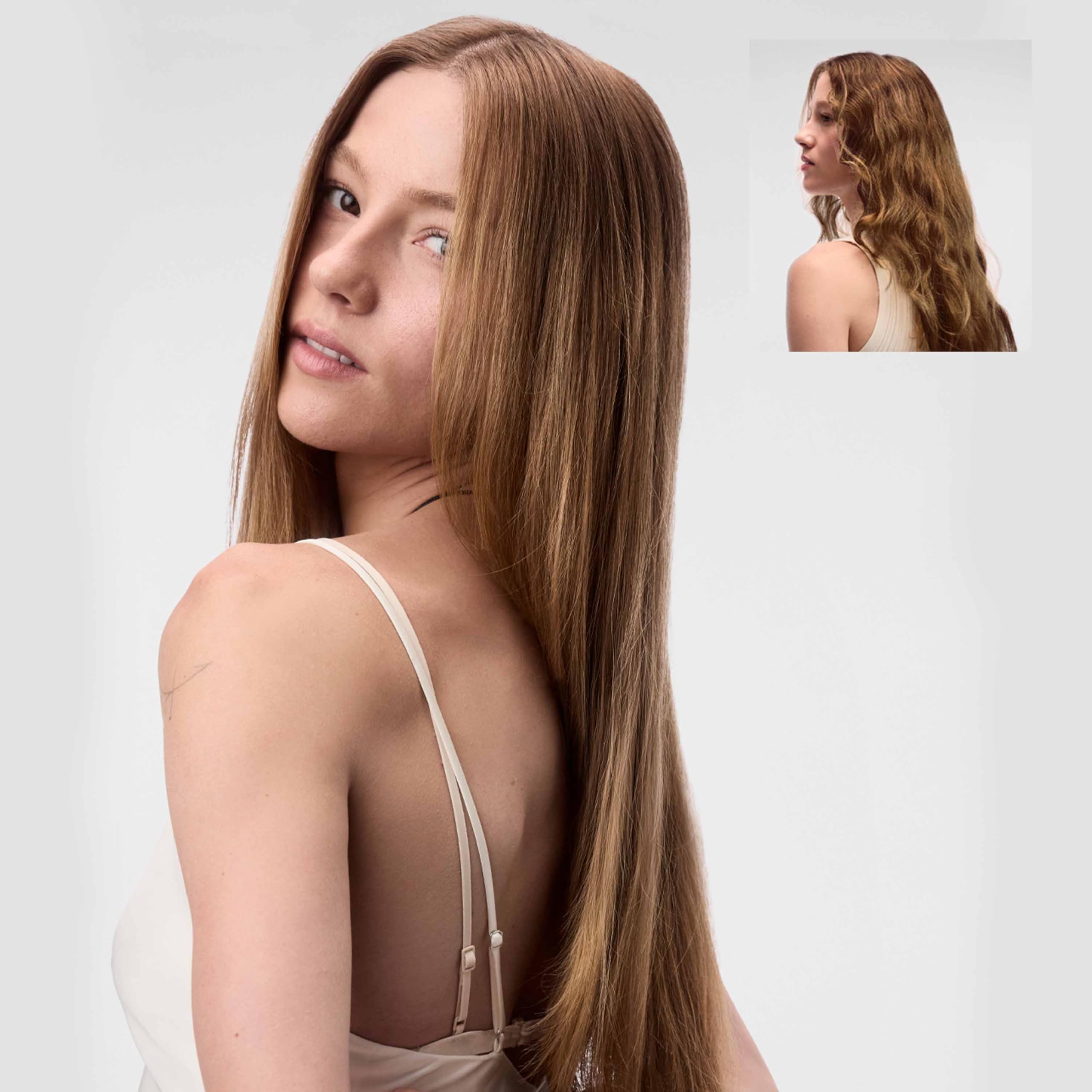 T3 styled straight hair result showing glass-like shine and reduced frizz