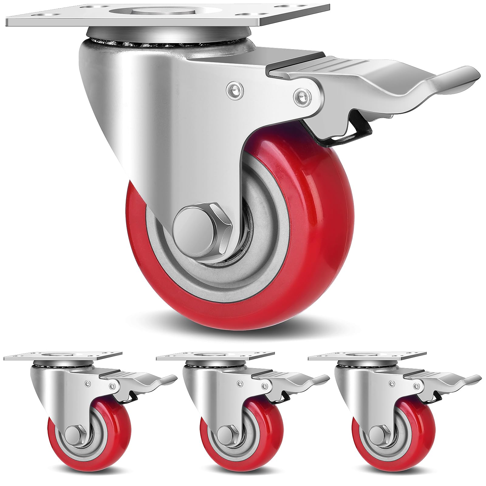 TABKEER front view of four casters showing mounting plates and wheels for durable mobility