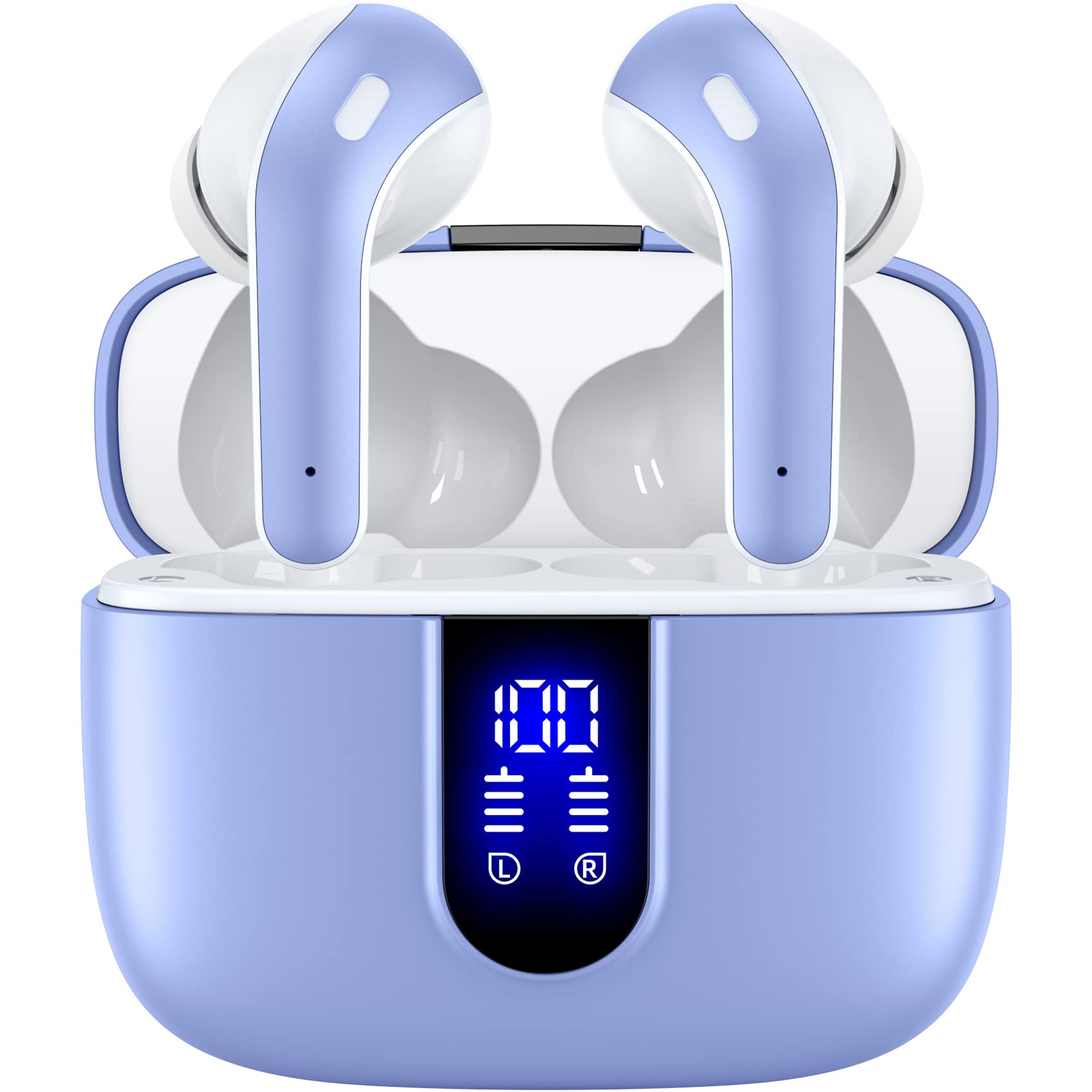 TAGRY front view with case open showing earbuds and LED display, convenient battery monitoring