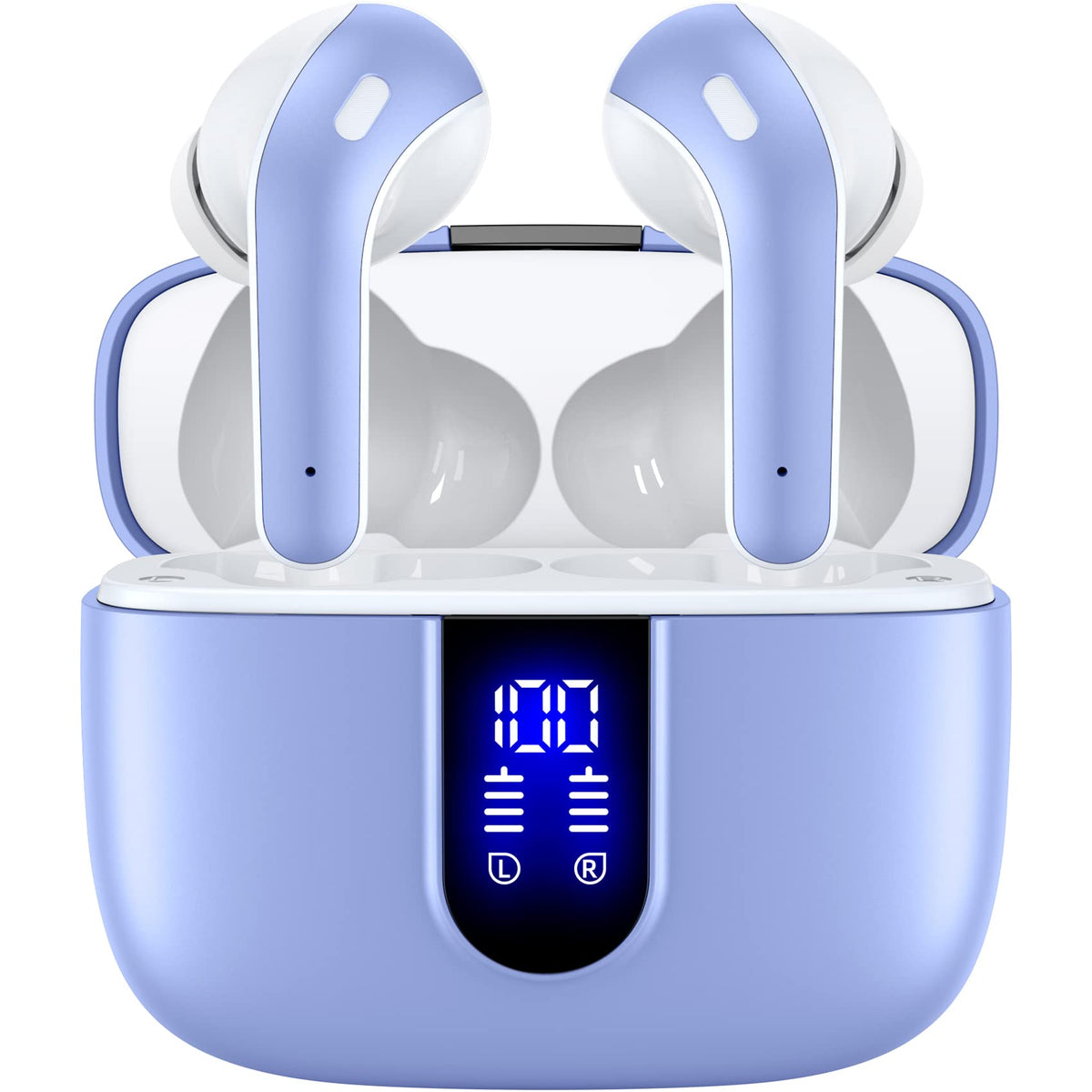 TAGRY front view with case open showing earbuds and LED display, convenient battery monitoring