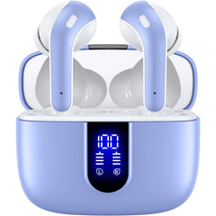TAGRY front view with case open showing earbuds and LED display, convenient battery monitoring