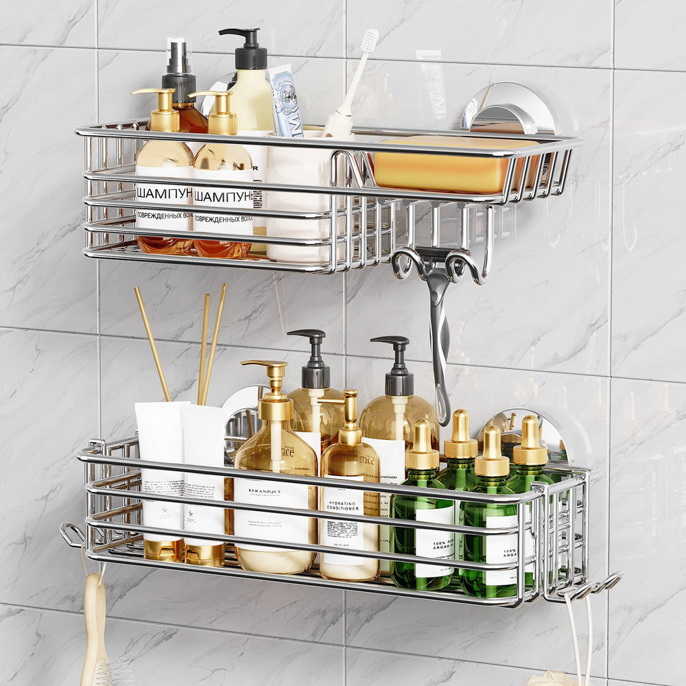 TAILI front view of two silver suction-cup shower caddies showing capacity benefit