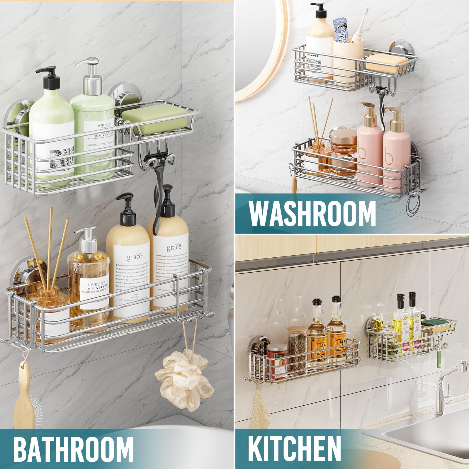 TAILI in-shower lifestyle with bottles and sponge for tidy, accessible benefit