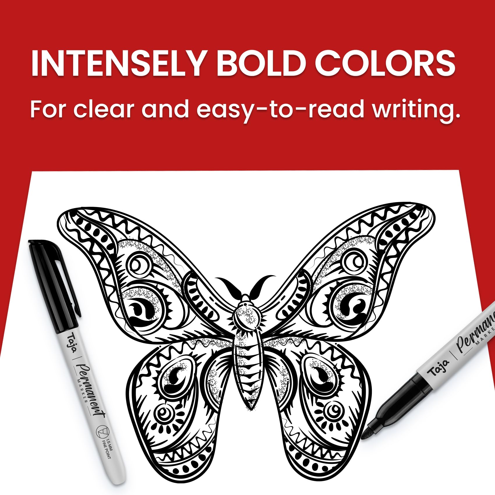 Taja markers in use on cardboard showing durable, quick-dry marking
