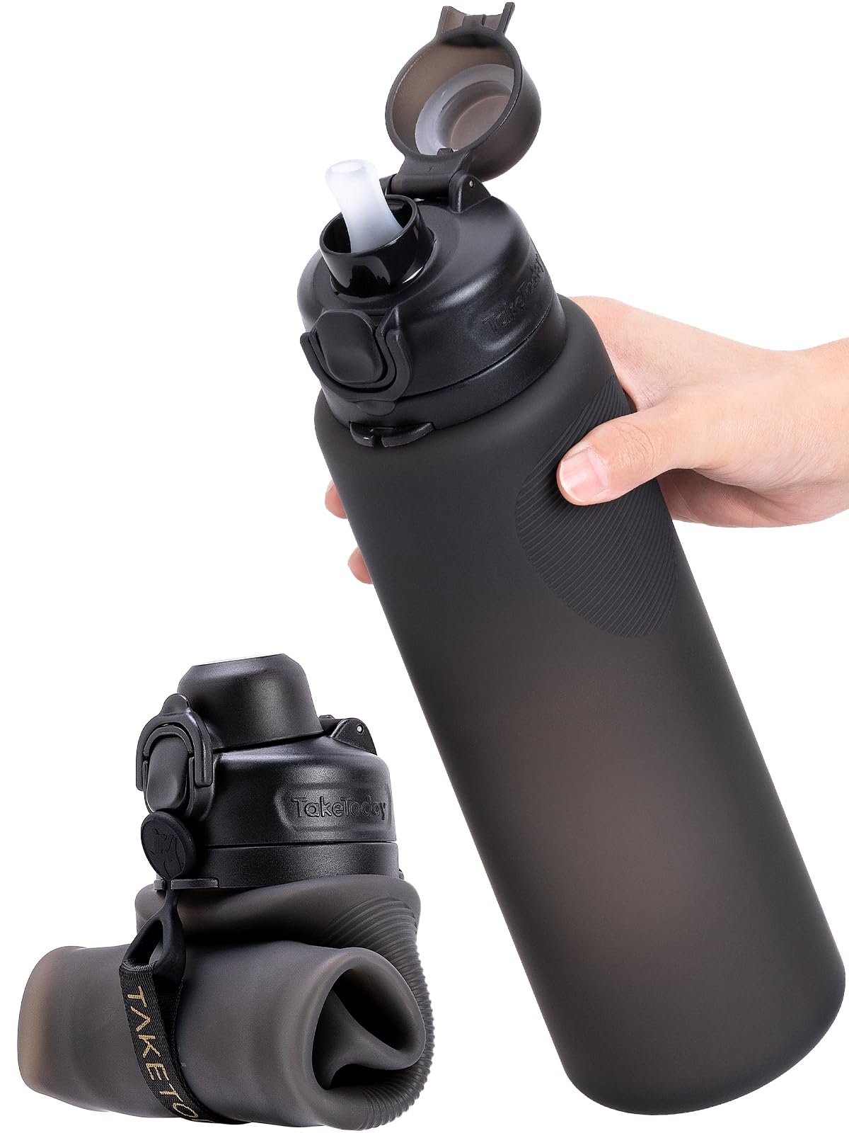TakeToday front view showing full 32oz bottle and sleek black finish for travel