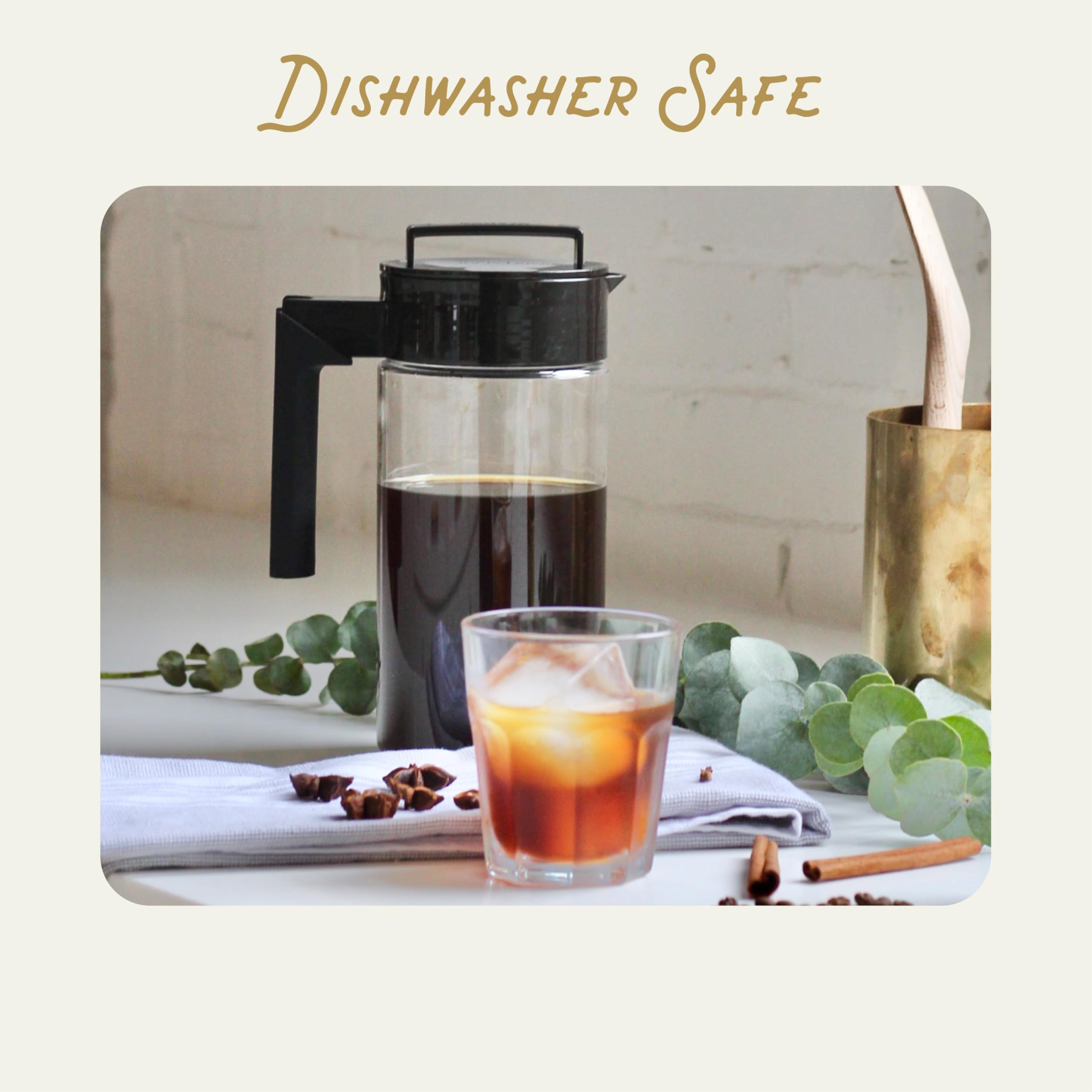 Takeya pitcher in refrigerator illustrating compact fit and easy storage