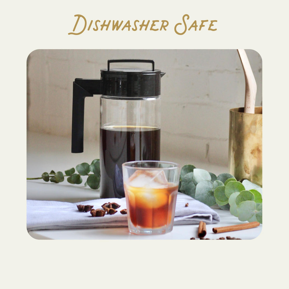 Takeya pitcher in refrigerator illustrating compact fit and easy storage