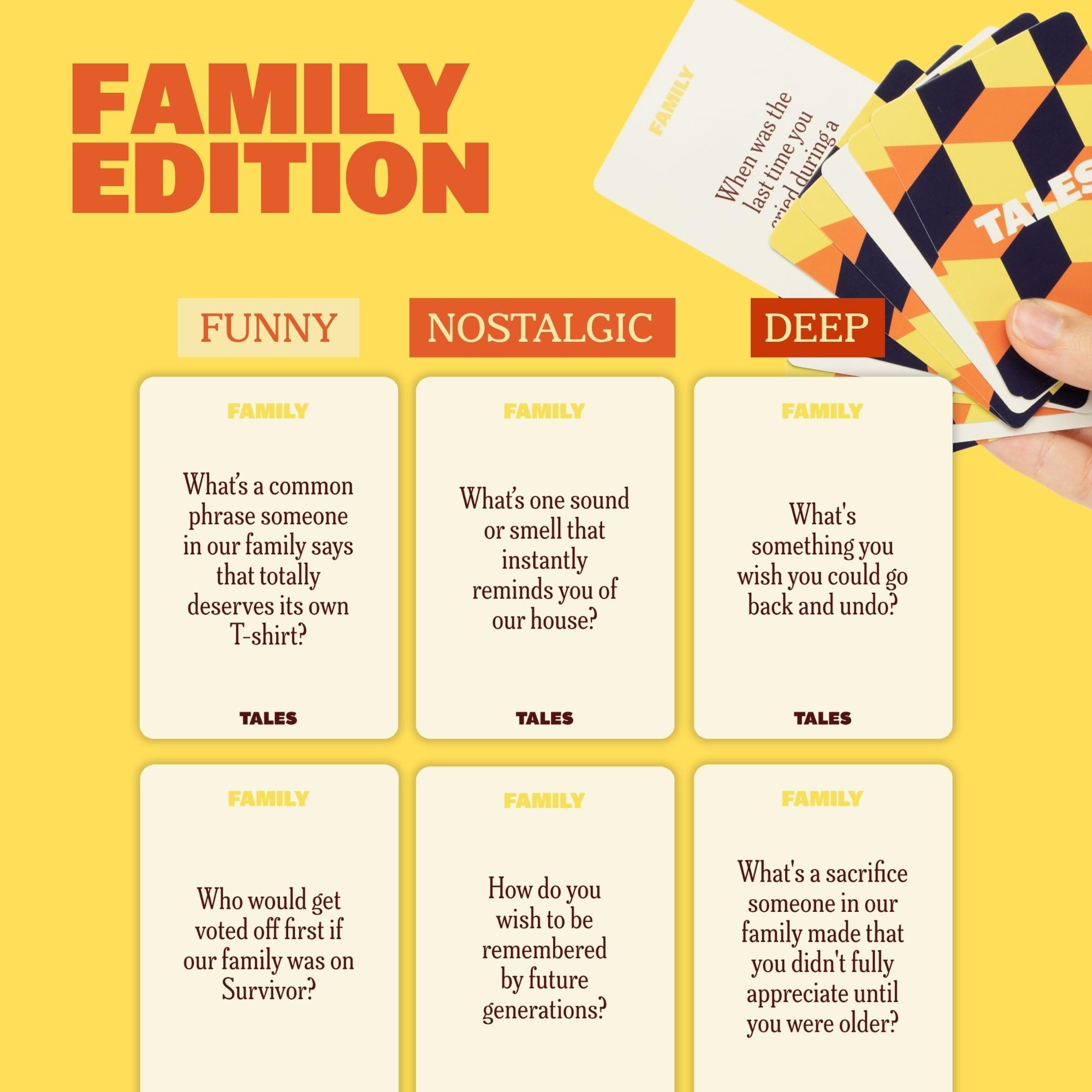TALES family around dinner table using cards to spark connecting talk