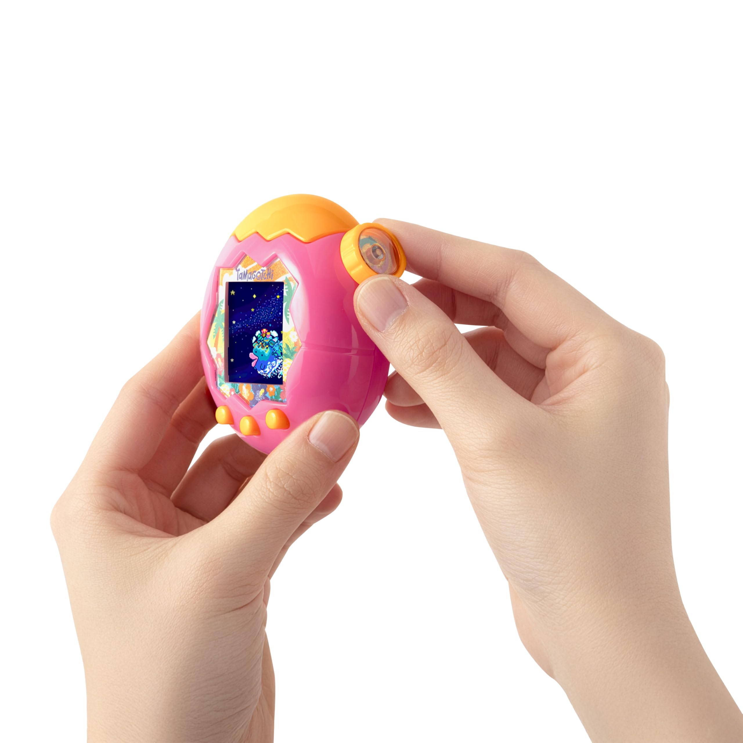 Tamagotchi orange tropics screen closeup in cell mode showing micro interactions