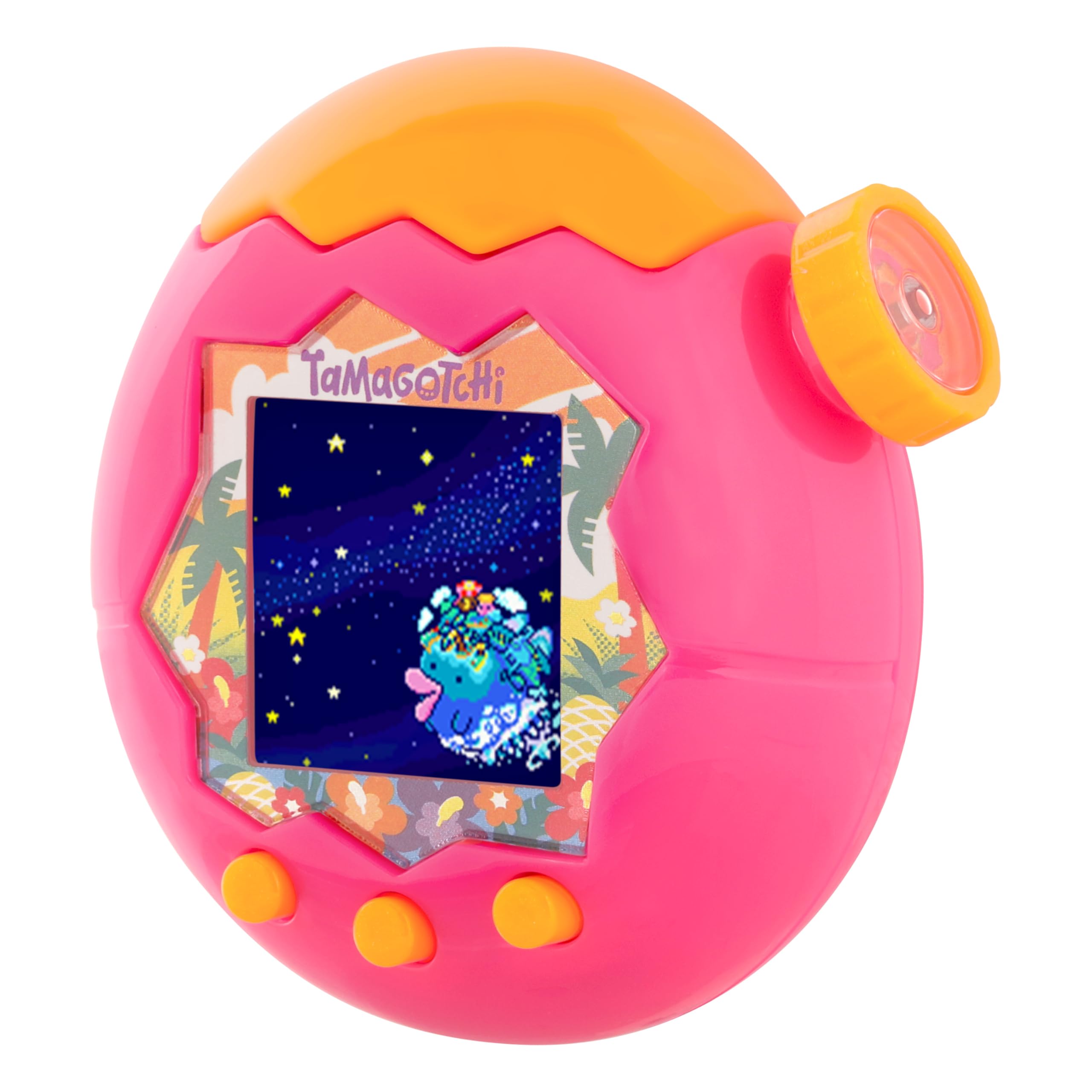 Tamagotchi orange tropics held in hand for size comparison, portable convenience