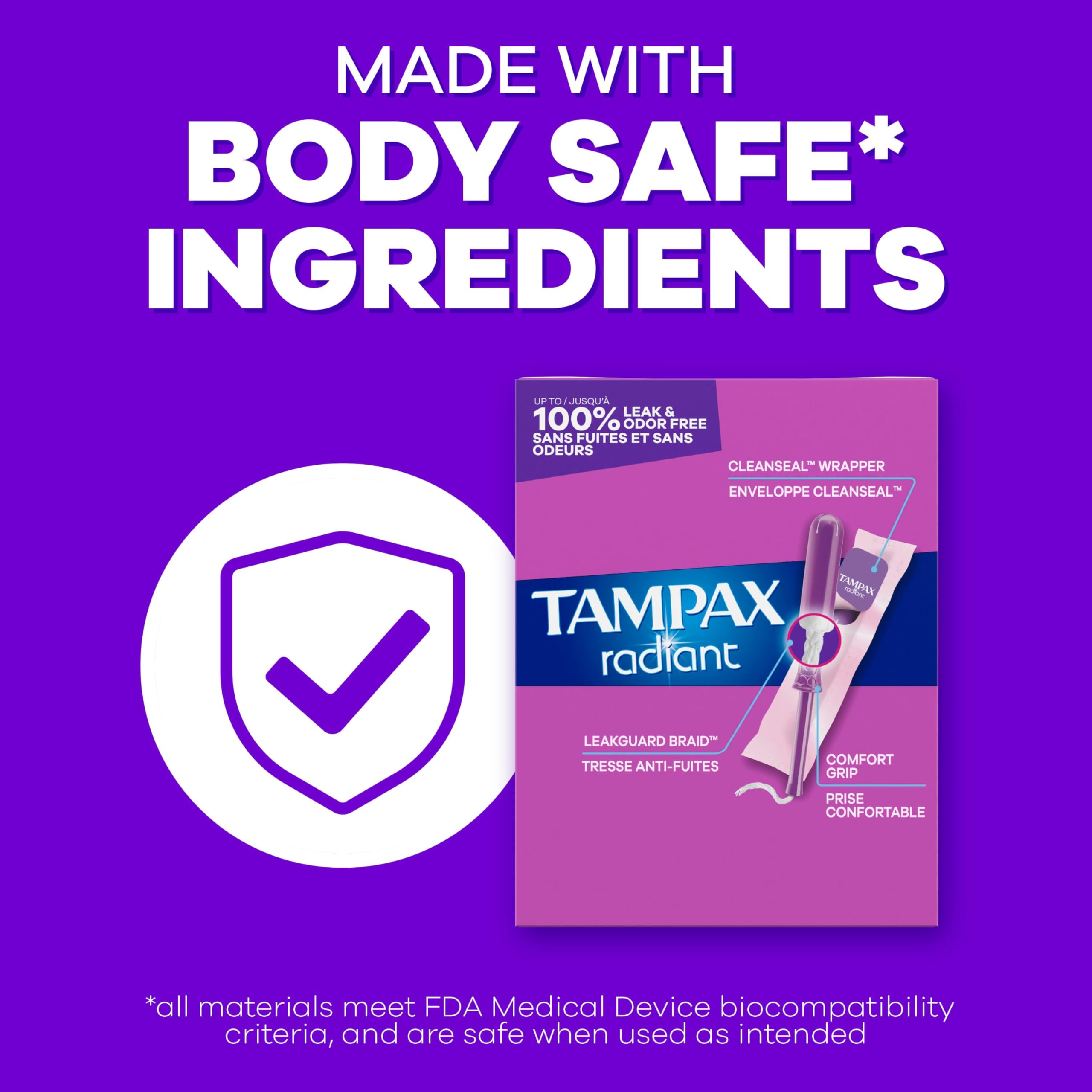 Tampax Radiant CleanSeal wrapper highlighted for quiet, hygienic disposal