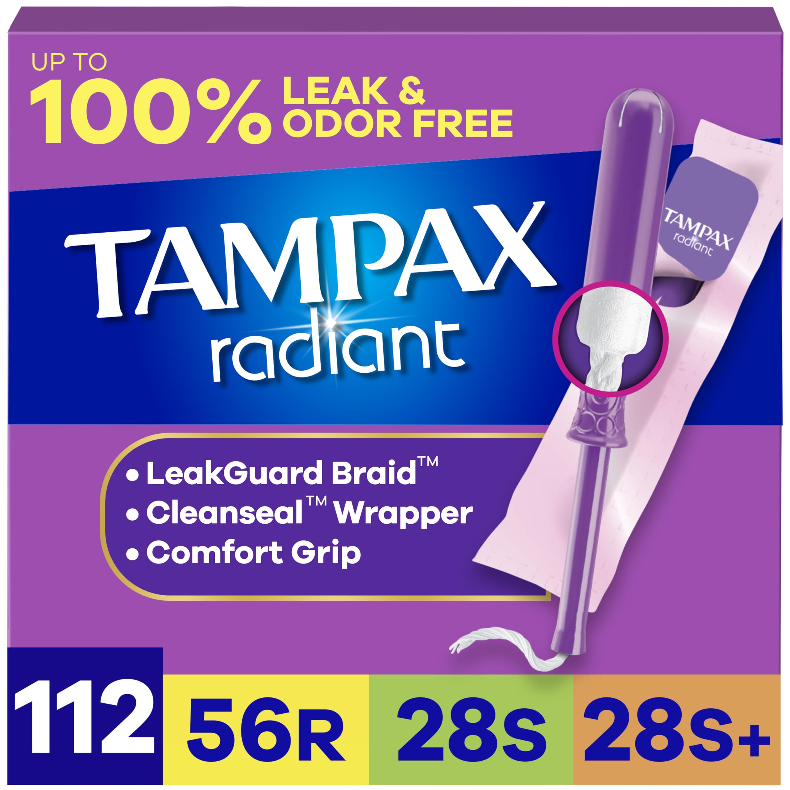 Tampax Radiant front packaging showing multipack and absorbency labels for convenience