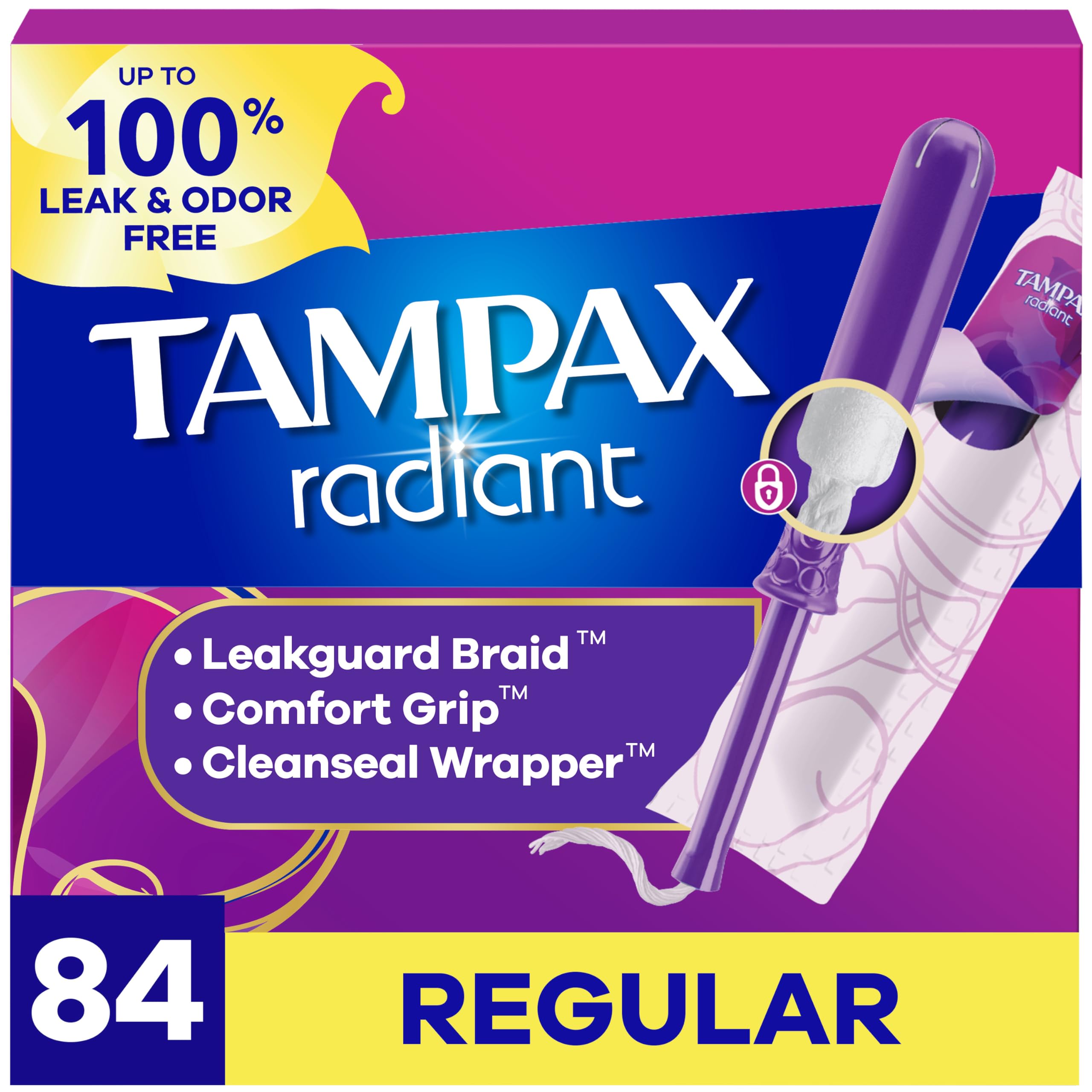 tampax front packaging showing 84 count for convenient stocking