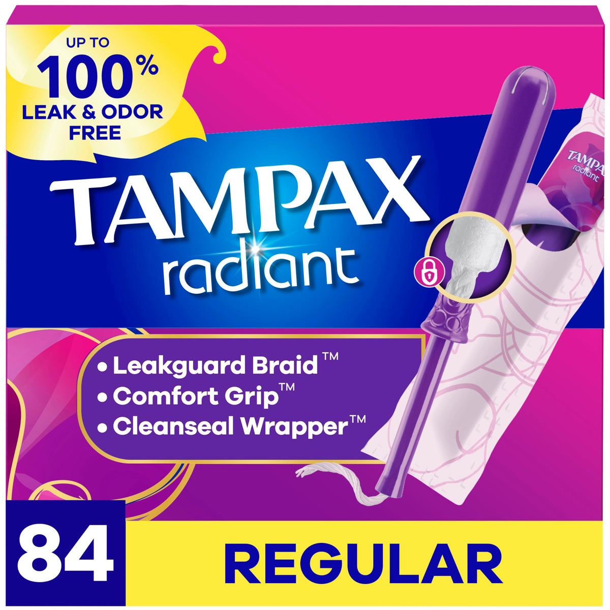 tampax front packaging showing 84 count for convenient stocking