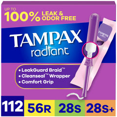 Tampax Radiant front packaging showing multipack and absorbency labels for convenience