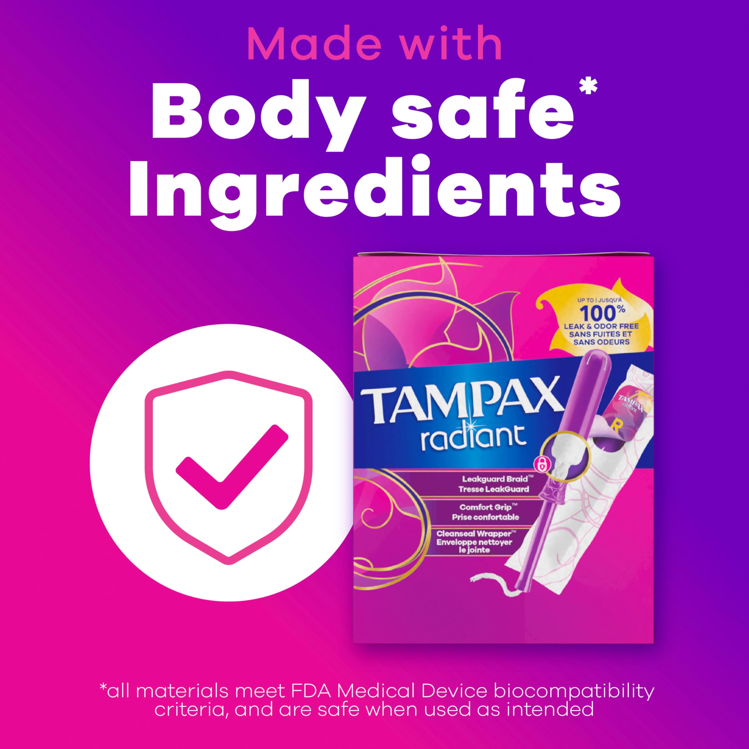 tampax packaging label closeup showing ingredient and safety info