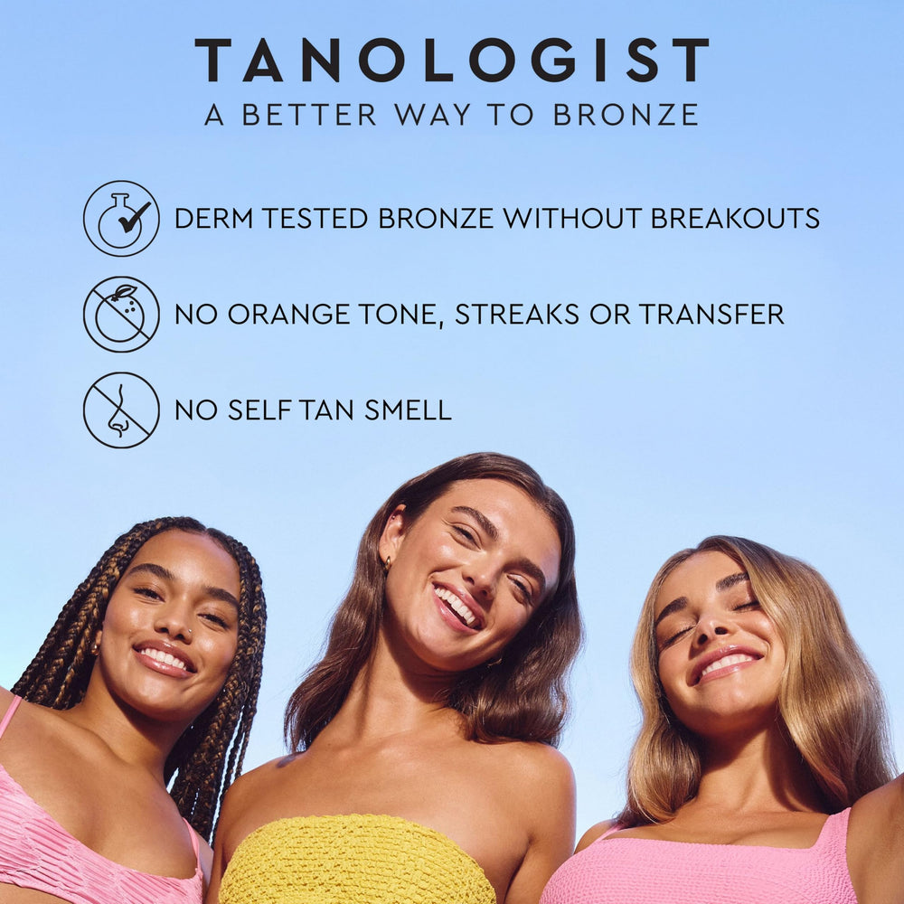 Tanologist applied on face demonstrating even, streak-free finish
