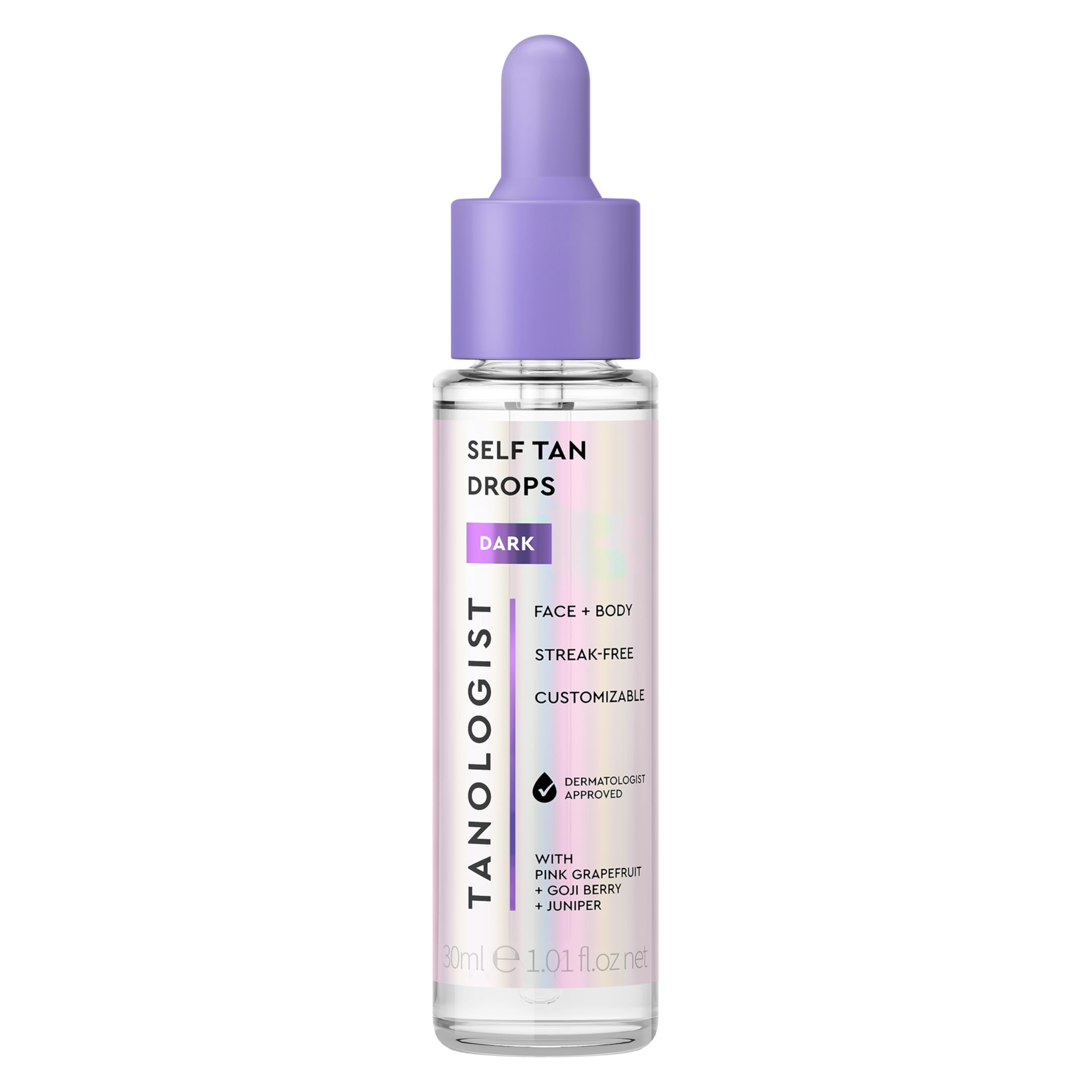 Tanologist dropper front bottle showing product and benefit of customizable tanning