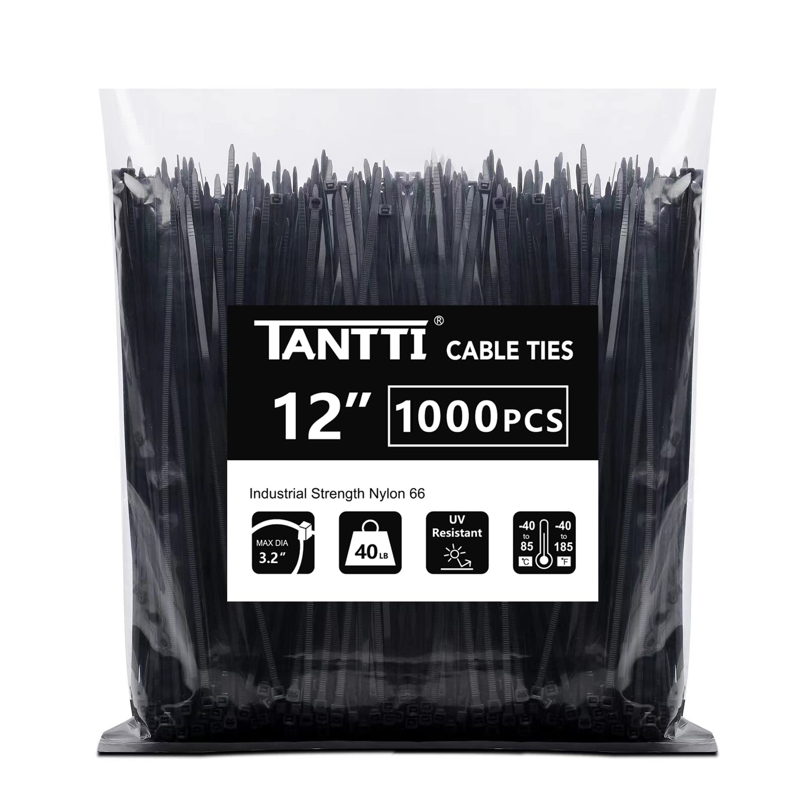 TANTTI front packaging showing 12-inch black zip ties and 1000 count benefit