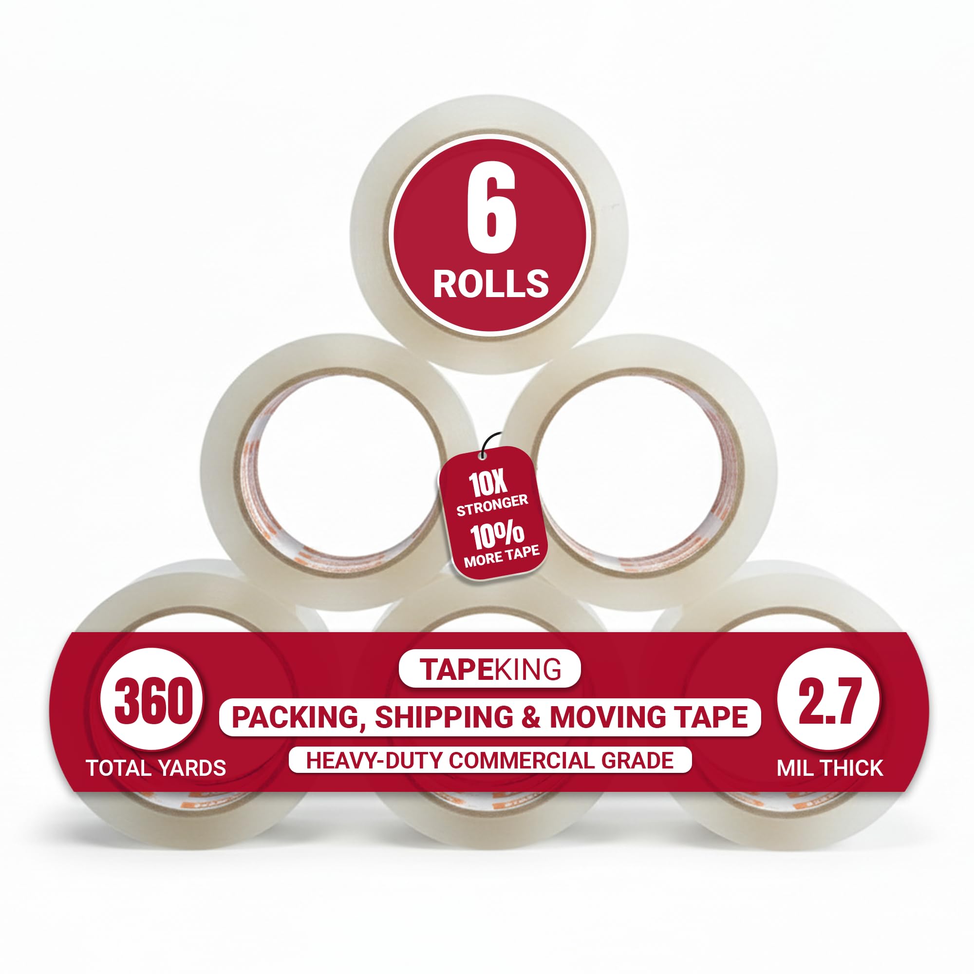Tape King front packaging showing six clear adhesive tape rolls for reliable sealing