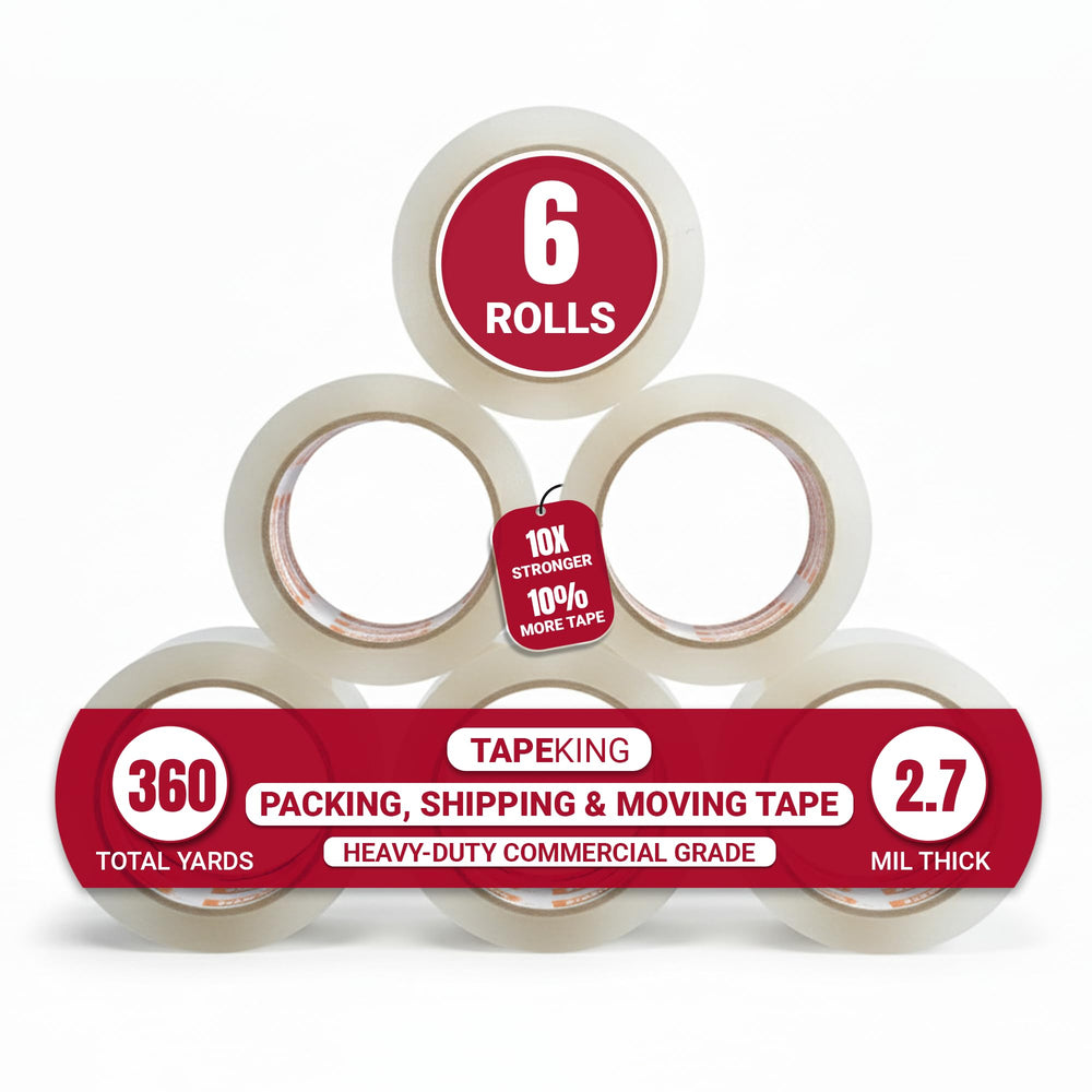 Tape King front packaging showing six clear adhesive tape rolls for reliable sealing