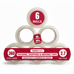 Tape King front packaging showing six clear adhesive tape rolls for reliable sealing