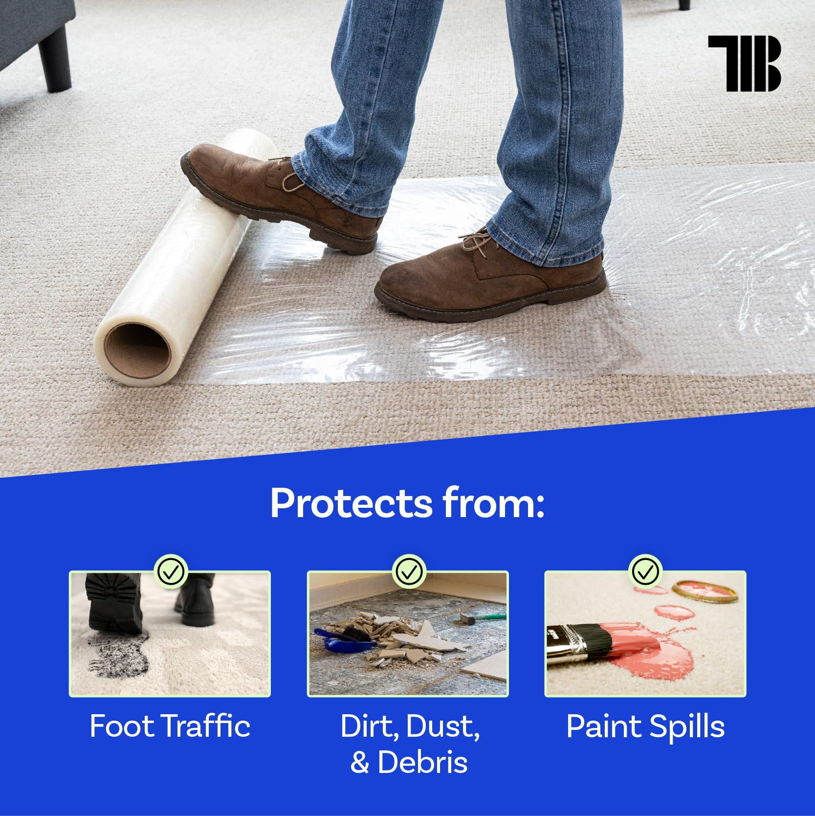 TapeManBlue applied along hallway protecting carpet from dirt and high foot traffic