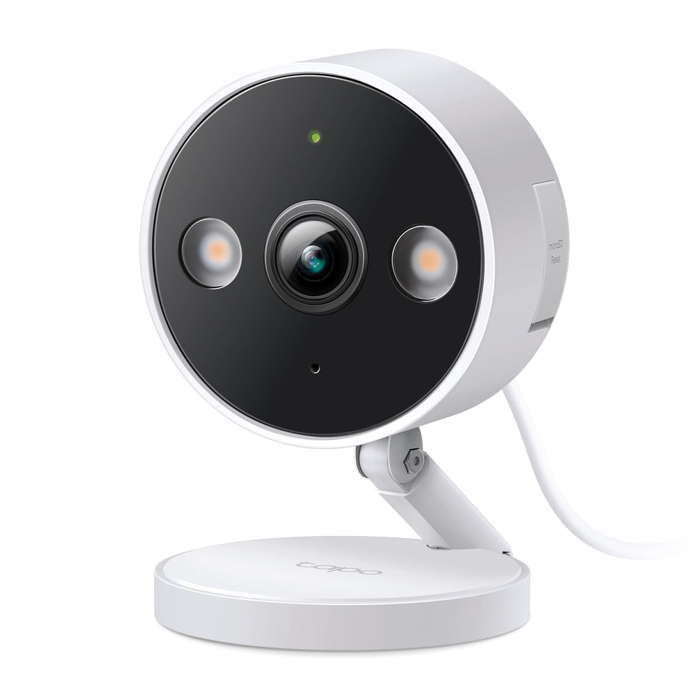 Tapo C120 front view showing compact camera housing and lens, ideal for discreet monitoring