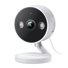 Tapo C120 front view showing compact camera housing and lens, ideal for discreet monitoring